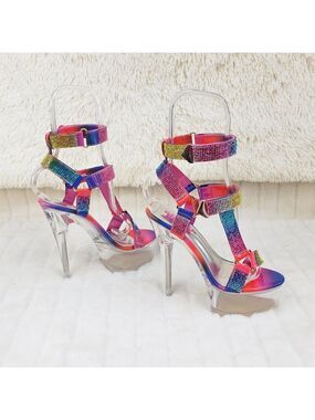Bulls Rainbow Rhinestone Harness Strap Clear Platform Heels